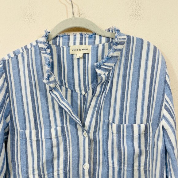 Cloth & Stone Womens SMALL Striped Tunic Top Blue Linen Button Down Blue Relaxed - Picture 3 of 7